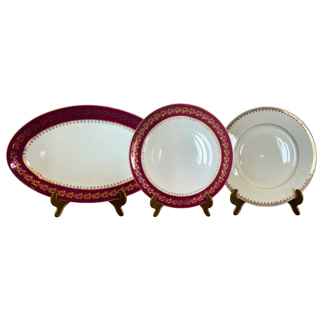 Mid-Century Modern Limoges Porcelain Dinner Service 26 P. For 9, Ruby Red & Gilt Frieze, Circa Mid-20th Century For Sale - Image 3 of 10