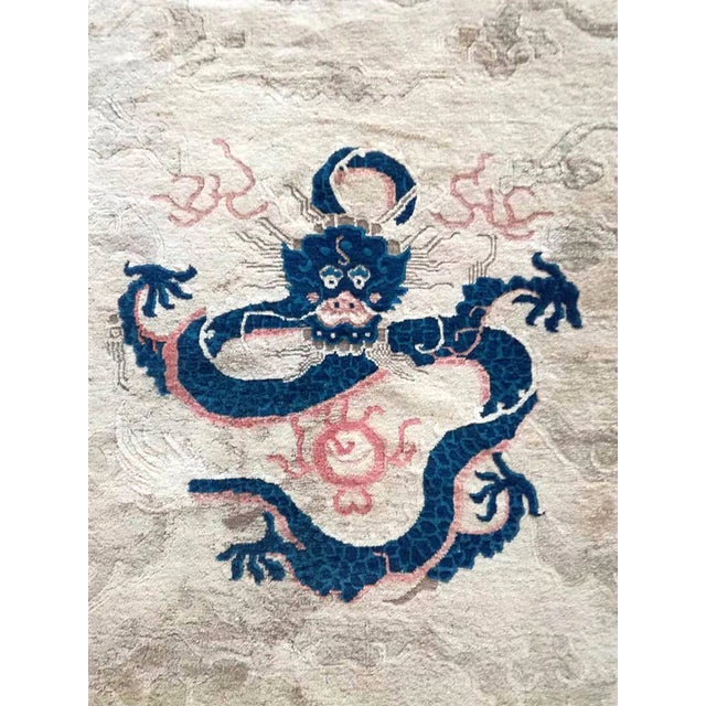 Chinese 1880s Ivory Blue Coral Antique Traditional Chinese Peking Dragon Rug Wool Carpet For Sale - Image 3 of 8