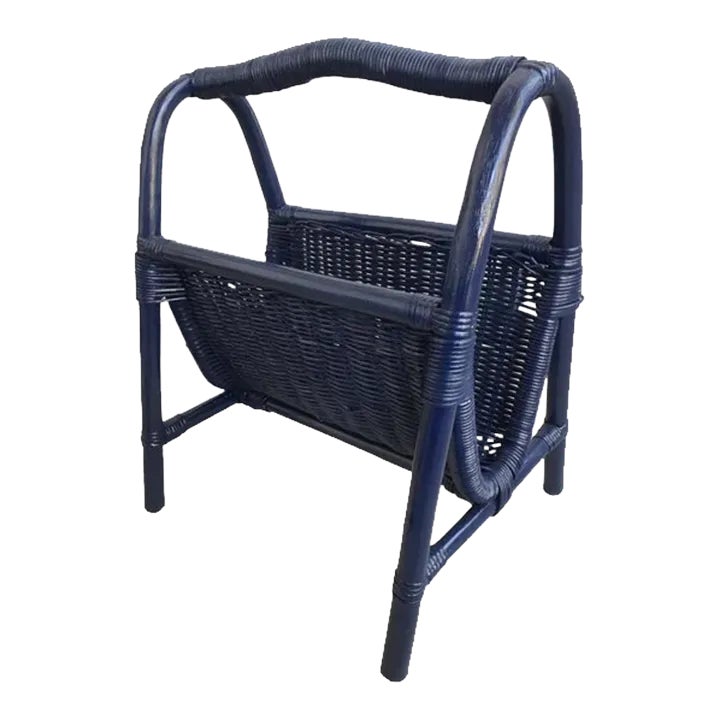 Vintage Navy Blue Rattan Magazine Rack | Chairish
