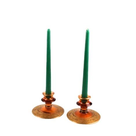 Hollywood Regency Vintage 1930s Fostoria Amber Glass and Gold Candle Holders- Set of 2 For Sale - Image 3 of 9