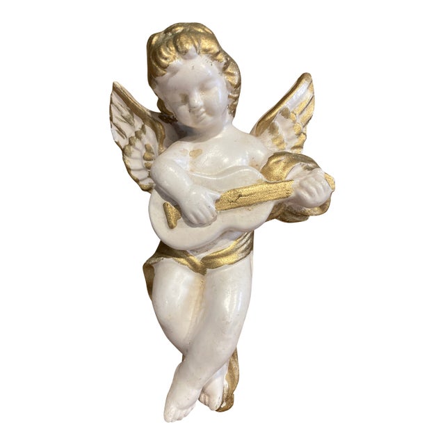 Vintage White & Gold Ceramic Cherub Angel Playing Guitar For Sale