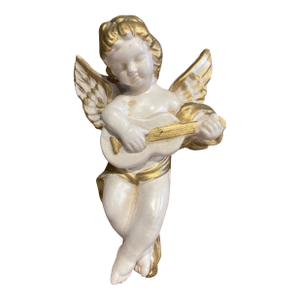 Vintage White & Gold Ceramic Cherub Angel Playing Guitar