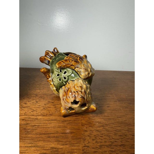 2000 - 2009 Vintage Ceramic Owl Figurine Incense Holder Green Brown Glaze Pierced Pottery For Sale - Image 5 of 9