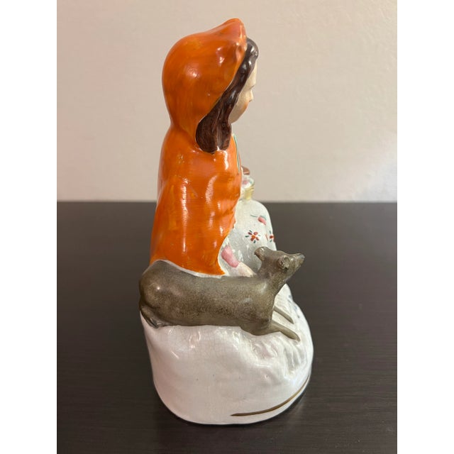 Orange Antique English Staffordshire Woman With Basket and Dog Figure Circa 1860's For Sale - Image 8 of 12