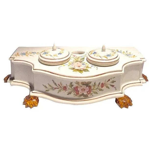 Vintage Hand-Painted Italian Floral Double Inkwell For Sale