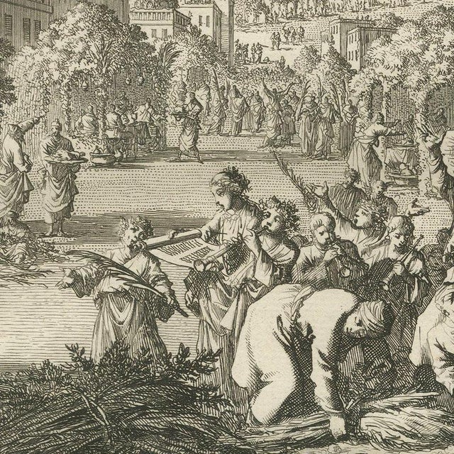 Pieter Mortier, Feast of Tabernacles and the Queen of Sheba Visits Solomon, 1700, Engraving For Sale - Image 6 of 12
