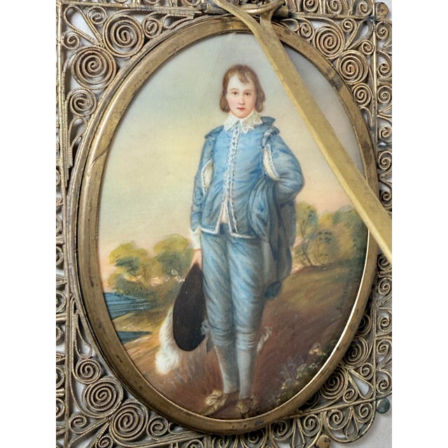 2 Sided Antique 1800's Miniature Mini Original Painting Portrait the Blue Boy For Sale - Image 9 of 14