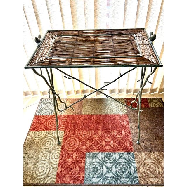 Farmhouse Twig Accent Table, With Twig Woven Mat, Branch-Like Metalwork, Garden Table Adorned With Metal Birds and Leaves, 1970’s For Sale - Image 3 of 12