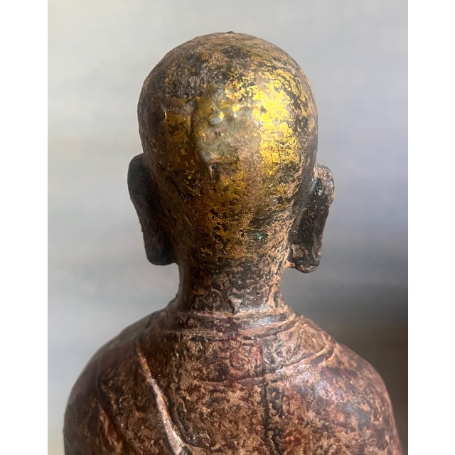 Gold Chinese Cast Iron Figure Buddhist Monk With Original Paint & Gilt, C. 1880's For Sale - Image 8 of 12