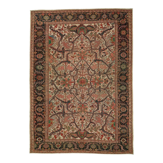 Ivory Field Antique Heriz Serapi Rug For Sale