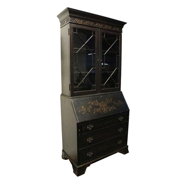Contemporary Ethan Allen Newport Collection Contemporary Asian Inspired Black 41" Secretary Desk W. Bookcase Hutch Top 34-9408 For Sale - Image 3 of 17