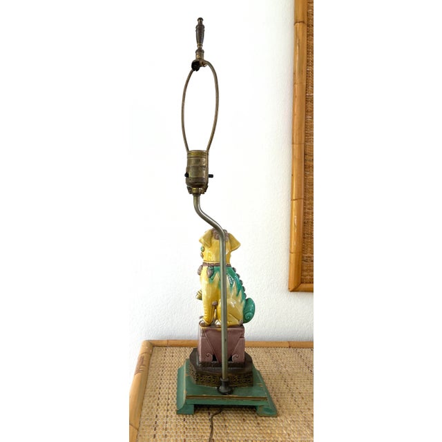 Yellow Vintage Foo Dog Lamp With Pleated Shade For Sale - Image 8 of 9
