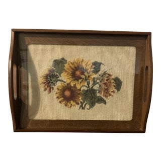 1970s Wood Serving Tray With Needlepoint Embroidery For Sale