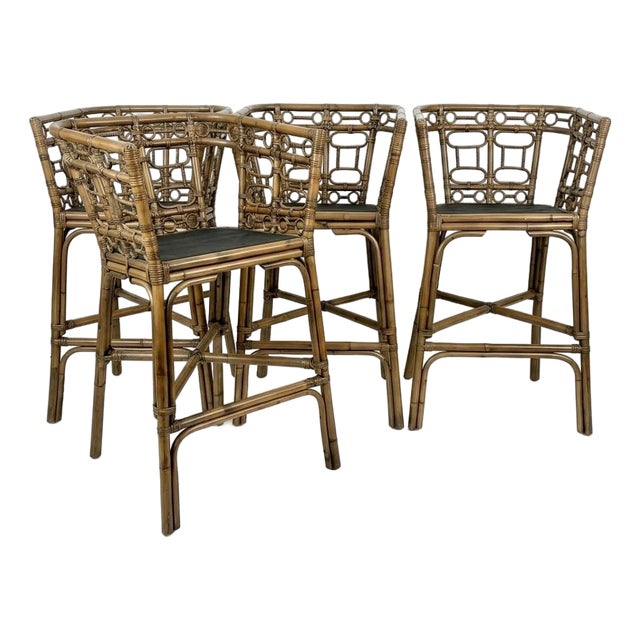 Set of 4 Vintage Bamboo Rattan Bar Stools For Sale