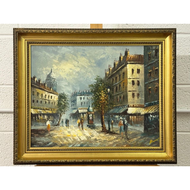 Textile Parisian Street Scene with Figures by British Artist 1980 Circa For Sale - Image 7 of 14