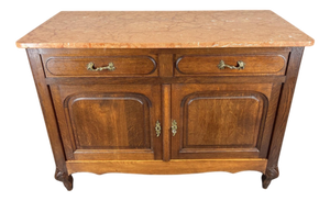 Antique French Carved Oak Cabinet with Marble Top and Drawers