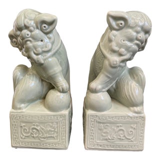 Vintage Glazed Porcelain Chinese Foo Dogs, Pair For Sale