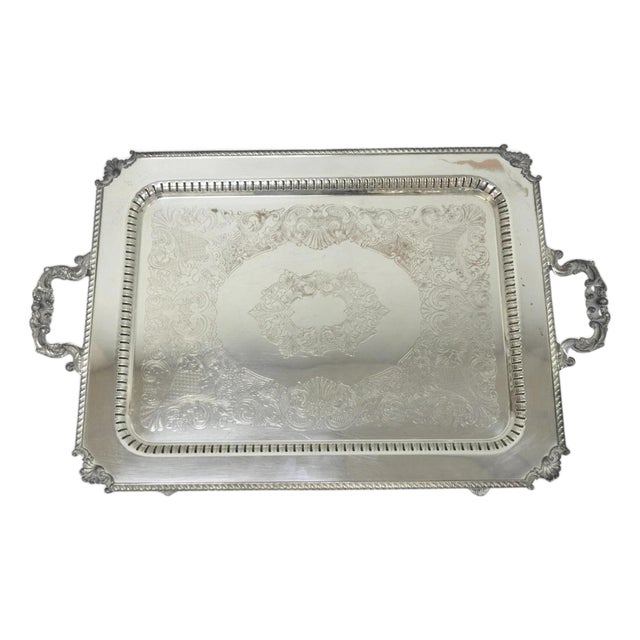 Vintage English Victorian Large Silver Plated Twin Handle Serving Platter Tray For Sale