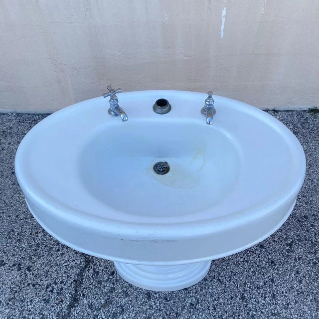 Antique Victorian White Cast Iron Porcelain Enamel Pedestal Bathroom Sink For Sale - Image 4 of 12