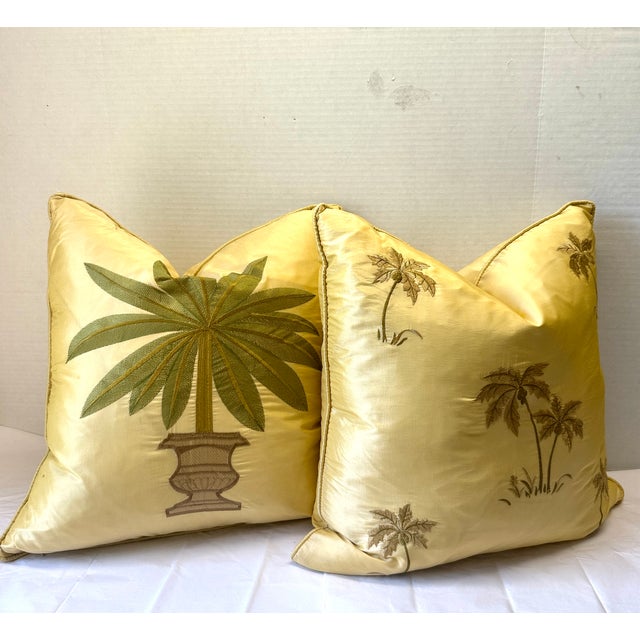 Golden Yellow Palm Tree Silk Throw Pillows- Set of 2 For Sale - Image 4 of 6