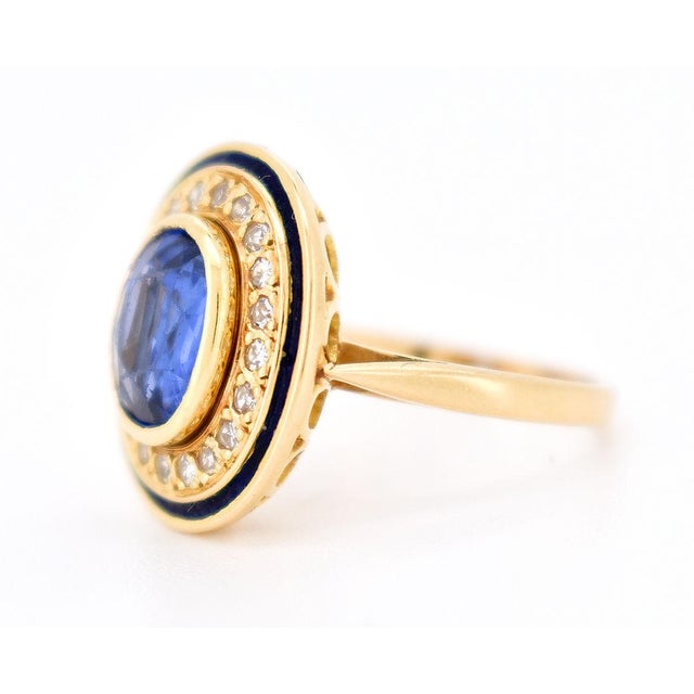 1960s 1960s Halo Ring in Gold, Ceylon Sapphire, Diamonds, and Enamel, Size 7.5 For Sale - Image 5 of 9