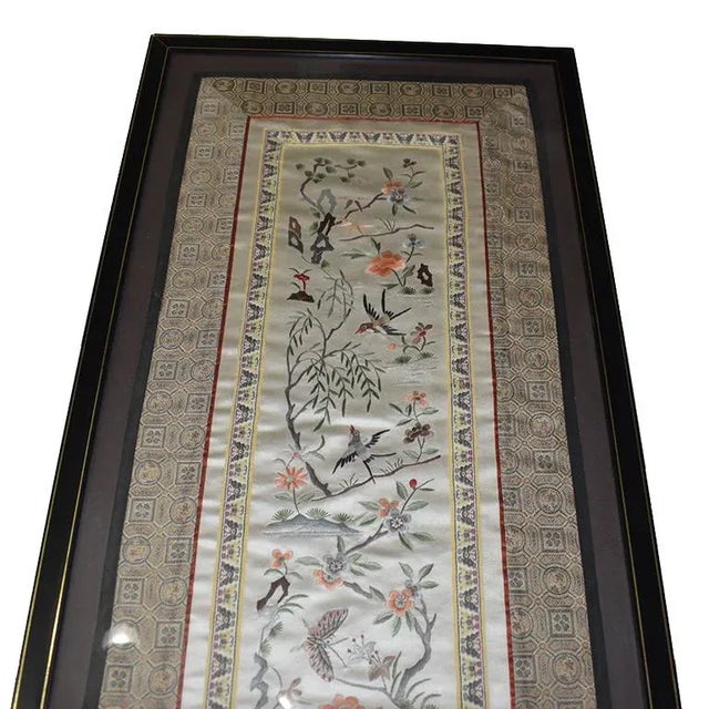 Chinese Silk Embroidered Tapestry Panel With Cranes and Floral Motif