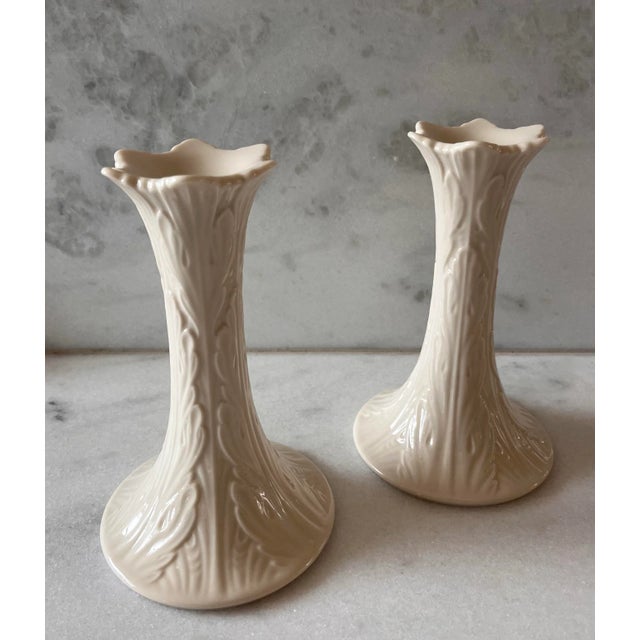 Pair of vintage Lenox ivory porcelain candle holders in the Woodland Collection with Acanthus Leaf pattern. This pattern...