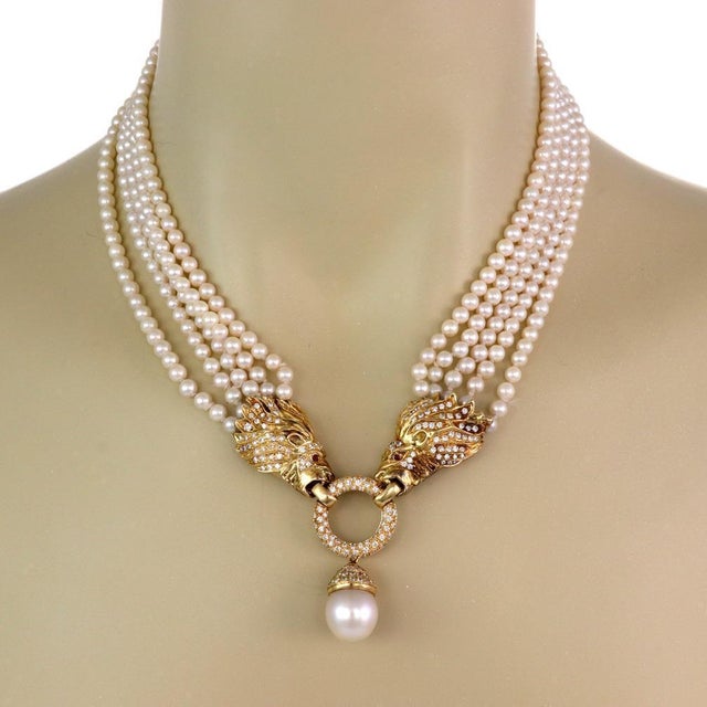 Late 20th Century Lion Head Necklace Estate 2.50ct Diamond 18k Gold5 Strand Pearl For Sale - Image 5 of 5