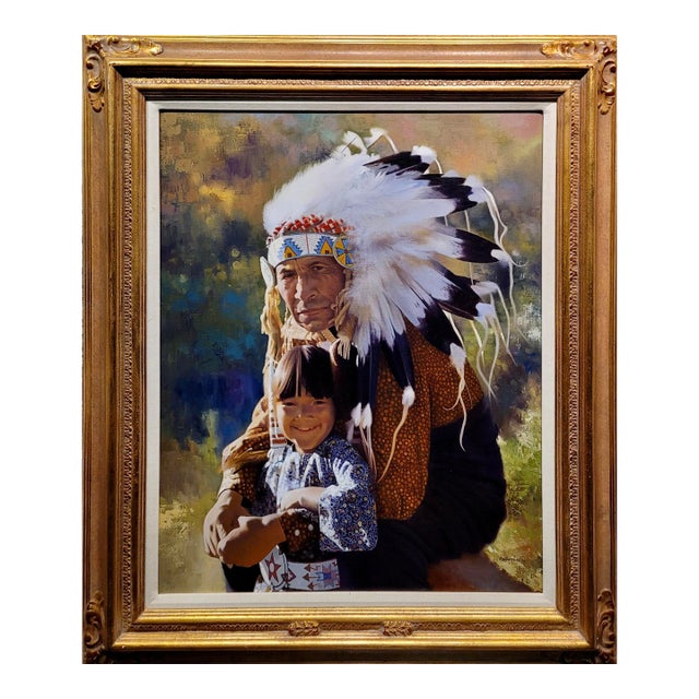 Don Crowley - the Indian Chief With His Grandson - Oil Painting For Sale