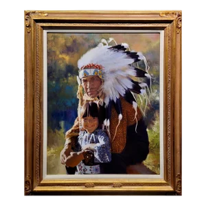 Don Crowley - the Indian Chief With His Grandson - Oil Painting
