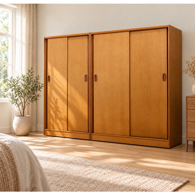 A mid-century Austinsuite teak wardrobe with two sliding doors, inset handles and a fitted interior, including a rail and...