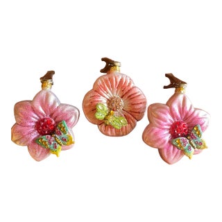 Blown Glass Floral Clip on Christmas Ornaments. Hand Painted. Applied Crystal. Pearlescent Pink For Sale