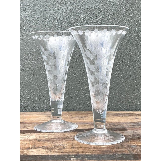 Glass Vintage Etched Glass Trumpet Vases - A Pair For Sale - Image 7 of 12