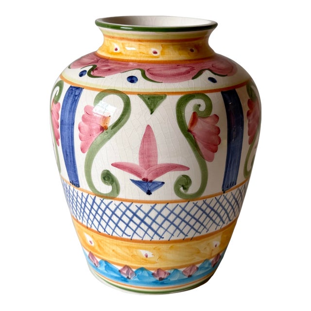 Hand Painted Portugese Floral Motif Vase For Sale