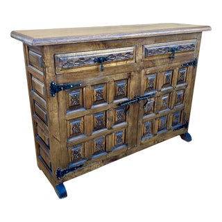 Spanish Rustic Sideboard with Hand-Carved Panels and Original Iron Hardware, 1960 For Sale
