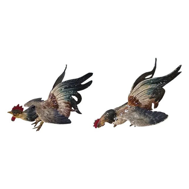 Green Antique Painted Metal Rooster Decorative Figurines, 1920s, Set of 2 For Sale - Image 8 of 10