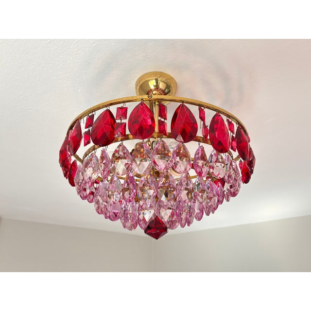 Vintage French Style Crystal Chandelier – Hand-Painted Pink & Ruby Red Prisms For Sale - Image 14 of 18