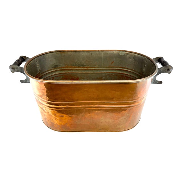 Antique Copper Wash Boiler Decorative Vessel With Wood Handles, Circa 1900 For Sale