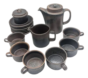 1960s Arabia Finland Stoneware "Ruska" Coffee Service Set Designed by Ulla Procopé, 15 Piece Set (For 6)