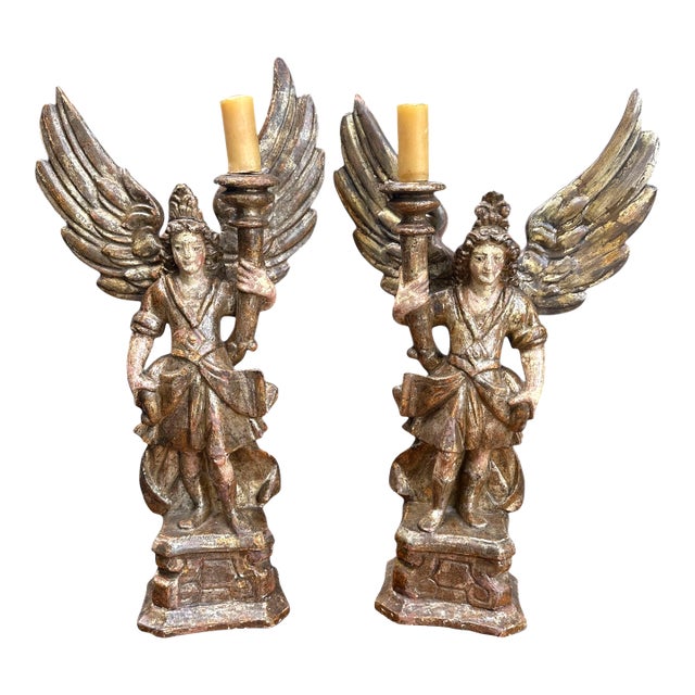 Pair of 18th Century Italian Carved and Polychrome Angel Candlesticks For Sale