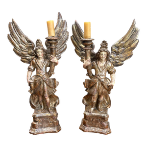 Pair of 18th Century Italian Carved and Polychrome Angel Candlesticks