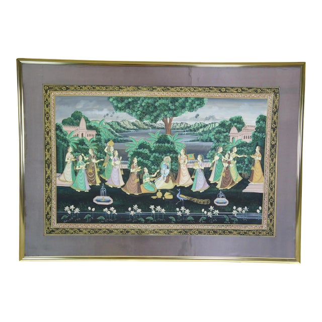 Monumental Indian Pichhwai Radha Krishna Gopis Painting Silk Garden Peacock 68" For Sale