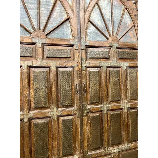 1920s Antique Brass-Clad Carved Entry Doors | Monumental Farmhouse Statement Doors 118x92 For Sale - Image 5 of 6