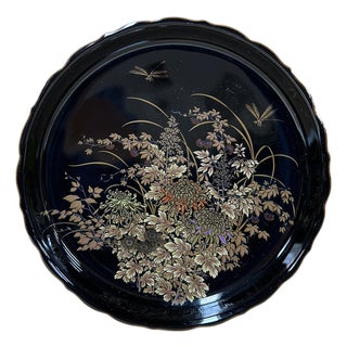 7.5" Oriental Black Glaze Porcelain Charger Plate Golden Flower Graphic For Sale