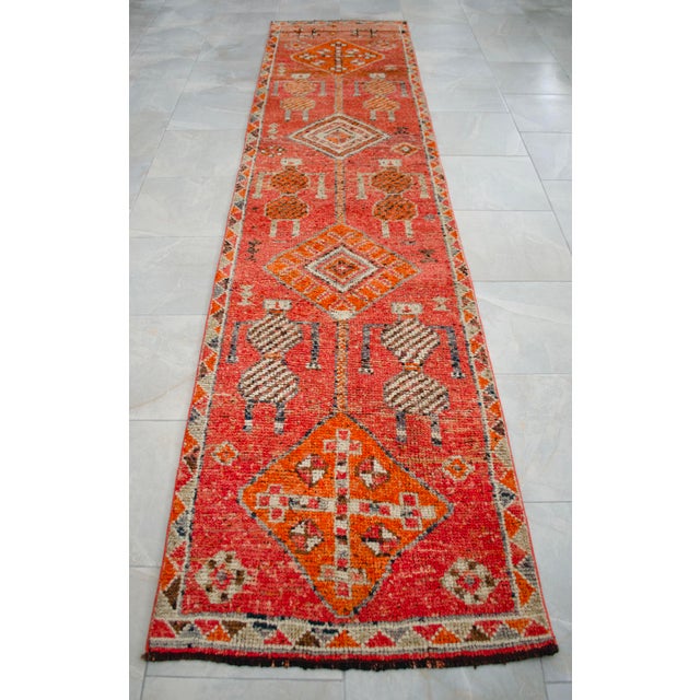 Antique Style Orange Runner Rug, Hand Knotted Turkish Carpet, 3x12 Vintage Area Rug, Rare Alien Motif Decor, Organic Modern Rug For Sale - Image 10 of 16