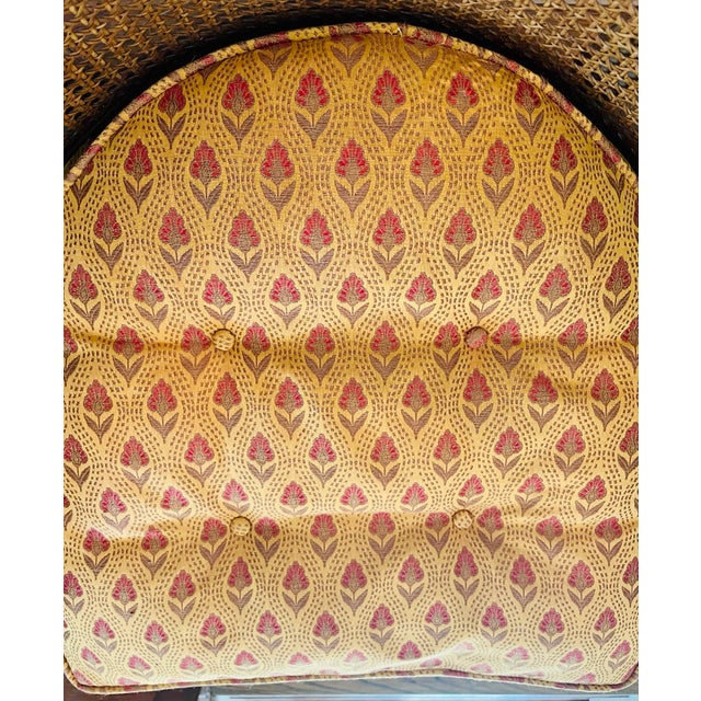 Mid 20th Century Faux Bamboo and Cane Barrel Chairs With Blockprint Upholstery - Set of 4 For Sale - Image 4 of 12
