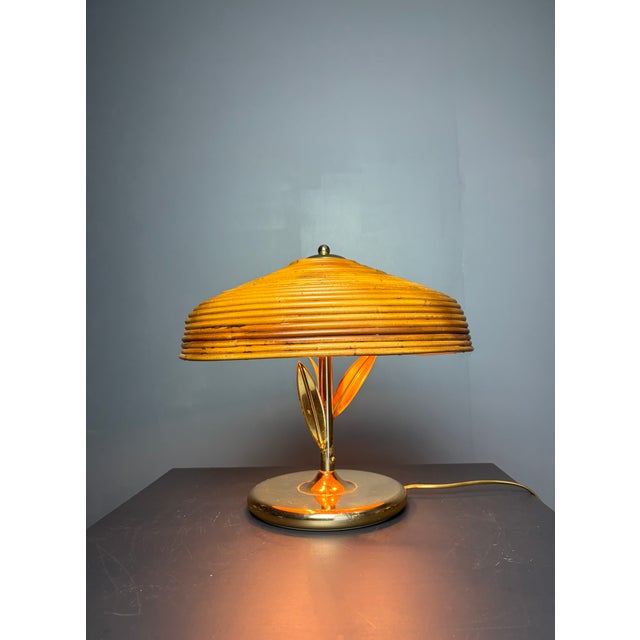 Mid-Century Pencil Reed Rattan Bamboo and Brass Flower Table Desk Lamp, Italy, 1980s, in Good conditions. Designed 1970 to...