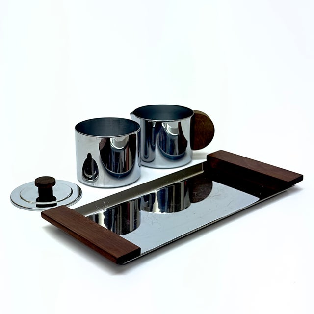 Mid-Century Modern Art Deco Style Chrome and Teak Cream & Sugar Set With Tray by Manning Bowman For Sale - Image 3 of 12