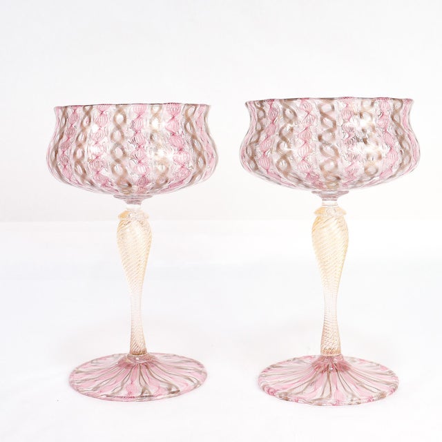 Late 20th Century Pair of Venetian / Salviati Murano Glass Latticino Toasting Champagne Glasses For Sale - Image 5 of 15