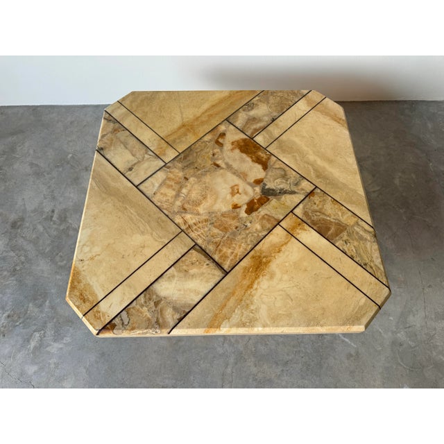 Exceptional Italian Postmodern Maurice Villency - style Travertine and Onyx coffee table with geometric inlay decoration,...